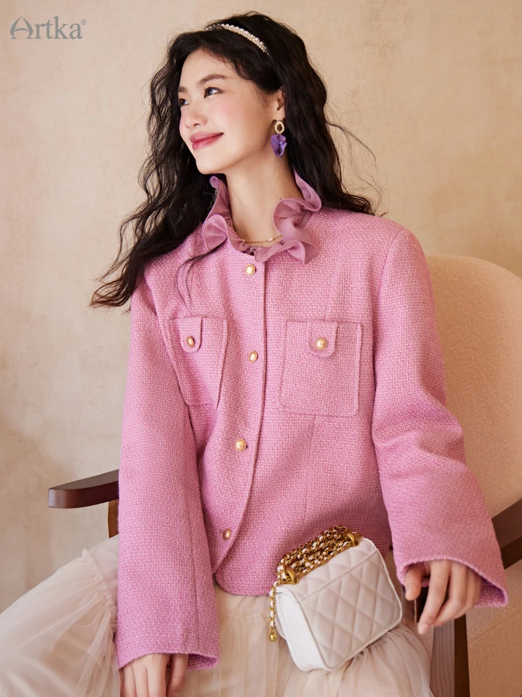 

ARTKA 2023 Spring New Women Coats French Elegant Single breasted O-Neck Coat Loose Pink Short Outerwear Female WA92033C