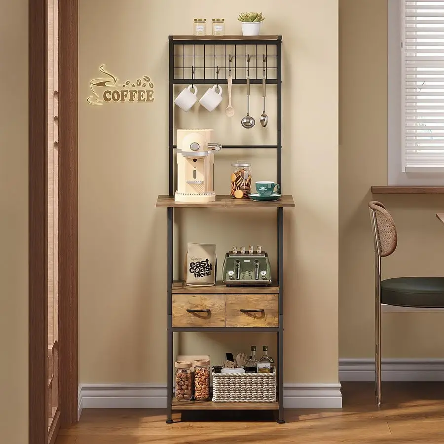 

Small Coffee Bar Station Narrow Corner Baker Rack Stand with 2 Storage Fabric Drawers 5 S Hooks for Small Spaces Farmhouse Bake