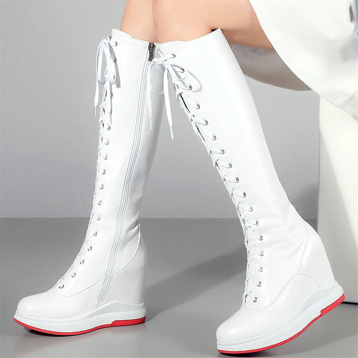 High Heel Pumps Plus Size Shoes Women Genuine Leather Wedges Knee High Snow Boots Female Round Toe Punk Sneakers Big Size Shoes