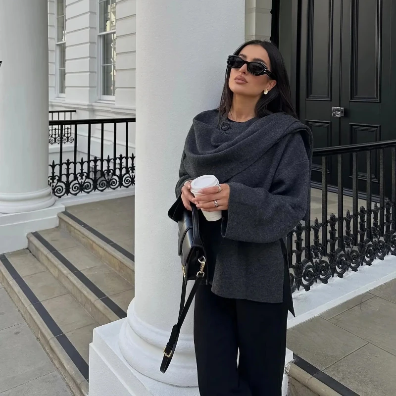 Women's Clothes Asymmetric Scarf Short Knitted Jacket Spring Autumn Coat Cardigan Long Sleeve Top Trendy Coats Design Streetwear