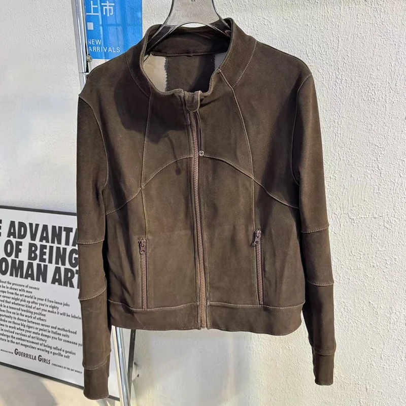 المستوردة جلد الخراف سليم صالح سترة جلدية حقيقية للنساء 2026 جديد عادية الوقوف طوق سستة الإناث الجلد المدبوغ جلد الغنم سترة قصيرة #5