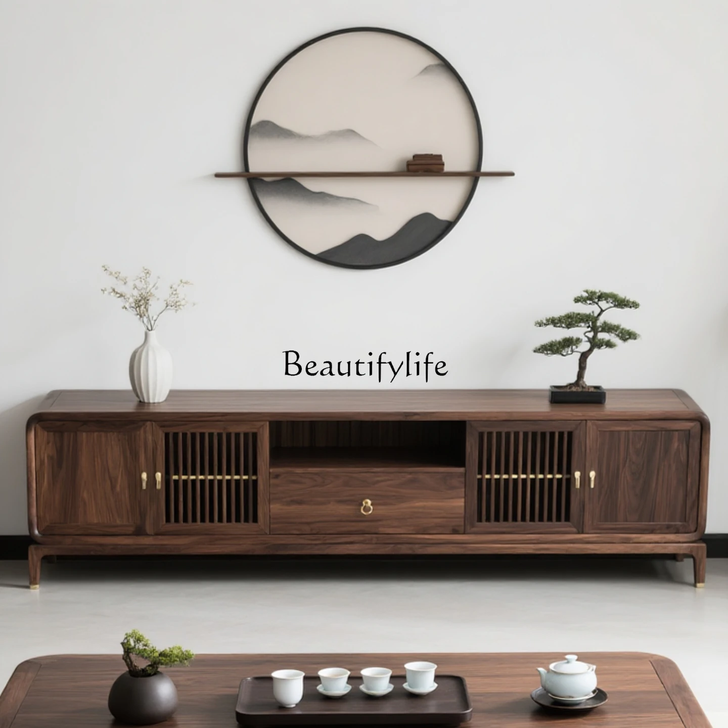 

New Chinese-style North American black walnut TV cabinet, Zen TV cabinet