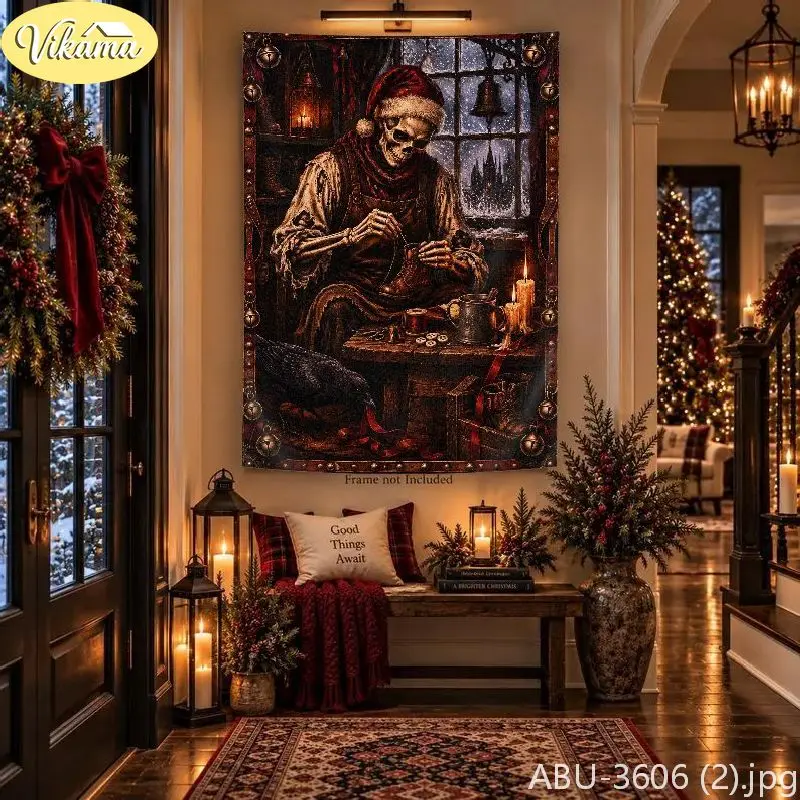 VIKAMA Dark Christmas Gentleman Skeleton Carriage Tapestry, Background Cloth, Living Room Party Wall Decor