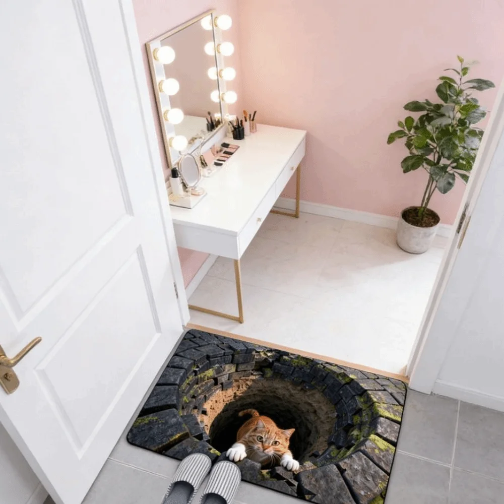 3D Flat Optical Illusion Doormat Water-absorbing Absorbent Bathroom Carpet Non-slip Multiple Sizes Bedroom Door Rug Home Decor