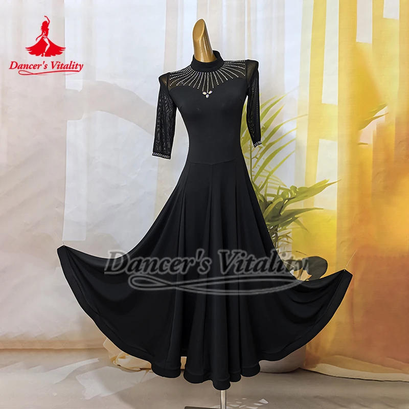 Adult Waltz Foxtrot Training Course Elasticity Outfit Women High-necked AB Stones Ballroom Dance Practise Half Sleeves Dresses