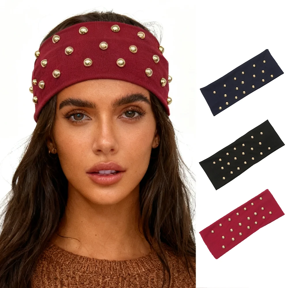 新しいメタリックパール象嵌ヘアバンド秋/冬ワイドエッジ弾性ヘッドバンド女性の日常暖かくファッショナブルなヘアアクセサリー