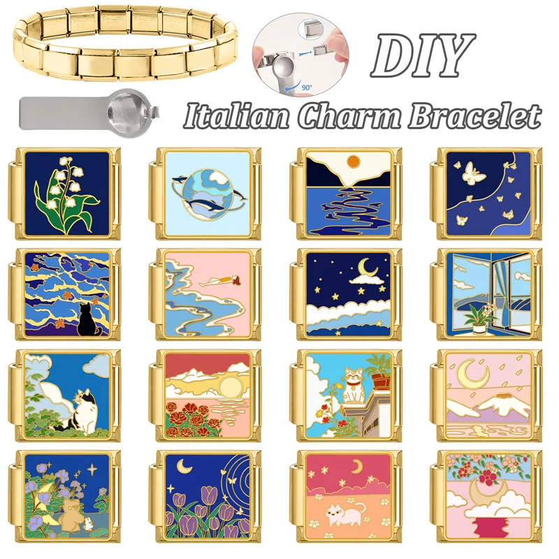 Y2K Gold Color Bear Cat Blue Sky Rose Flowers Moon Italian Charm Link Fit 9MM Stainless Steel Bracelet Women DIY Making Gifts