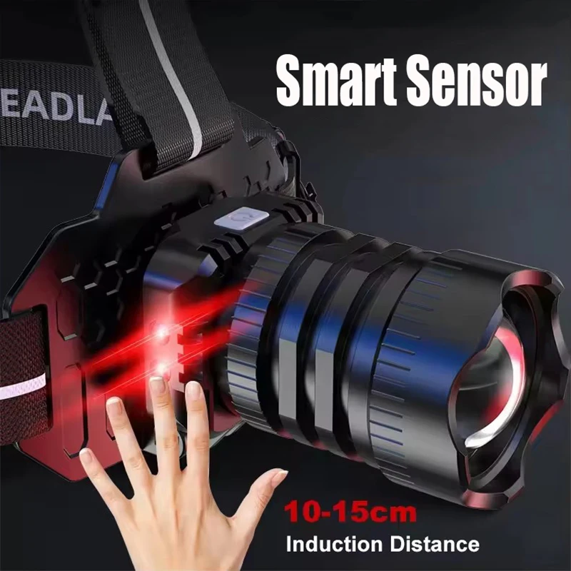 Linterna frontal recargable de aleación de aluminio superbrillante con 3 modos de sensor de movimiento luz LED frontal ajustable