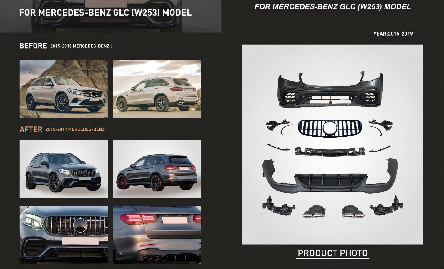 

Комплект кузова для BENZ GLC W253 MODEL 2015-2019 Facelift Amg Body KIT