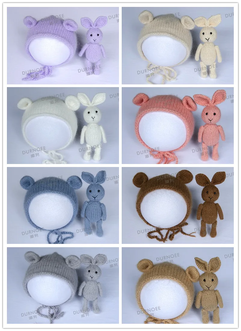 Chapeau en laine pour nouveau-né, accessoires de photographie, poupées lapin et ours, accessoires de studio photo pour bébé