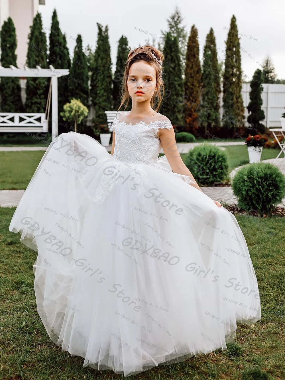 White Flower Girl Dresses for Wedding Party Toddlers Sheer Neck Lace Tulle First Communion Gowns Custom Made Kids Birthday Dress