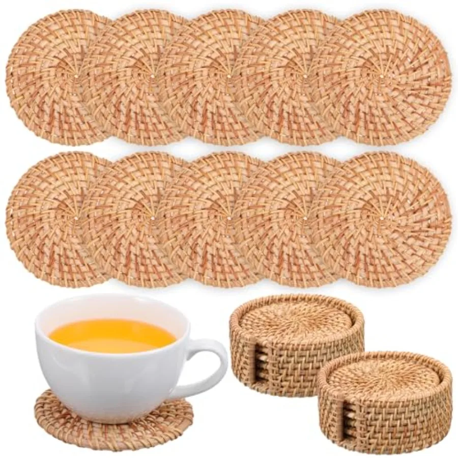 

12 Pcs Natural Rattan Coasters Set with 2 Holders, Handwoven Wicker Drink Coasters for Protecting Table, Outdoor Coaster for Pa