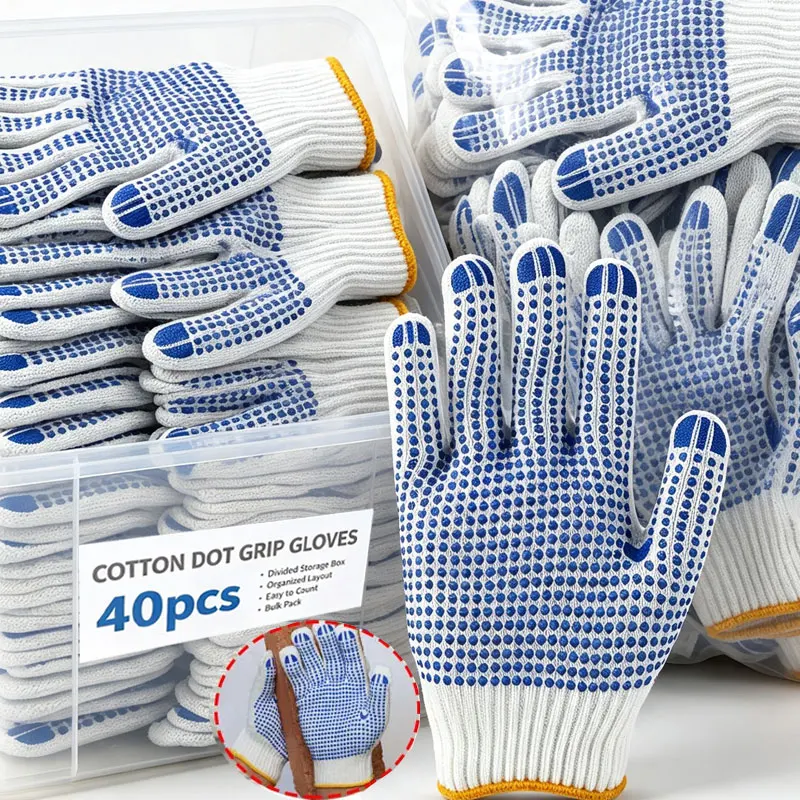 Unisex Cotton Work Gloves with Anti Slip Dots Grip Safety Gloves Painter Gardening Garage Warehouse Construction Durable Gloves