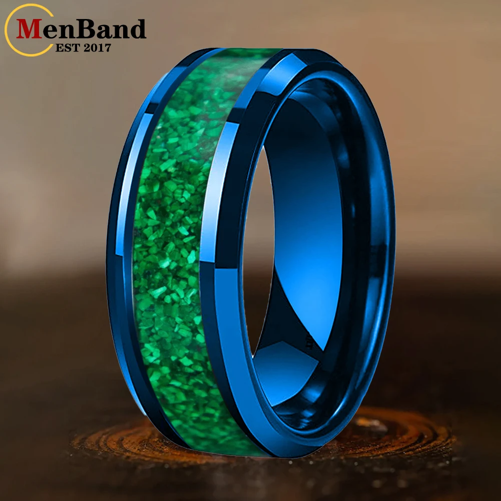 

MenBand 6/8mm Green Opal Inlay Beveled Polished Black Tungsten Ring for Men Women Fashion Engagement Wedding Band