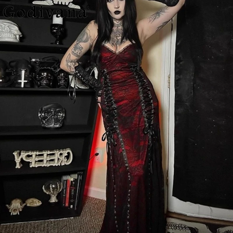 Abito con cinturino a doppio strato in pizzo stile gotico Abito da donna stile punk rosso e nero Abito lungo sexy Lolita estivo femminile