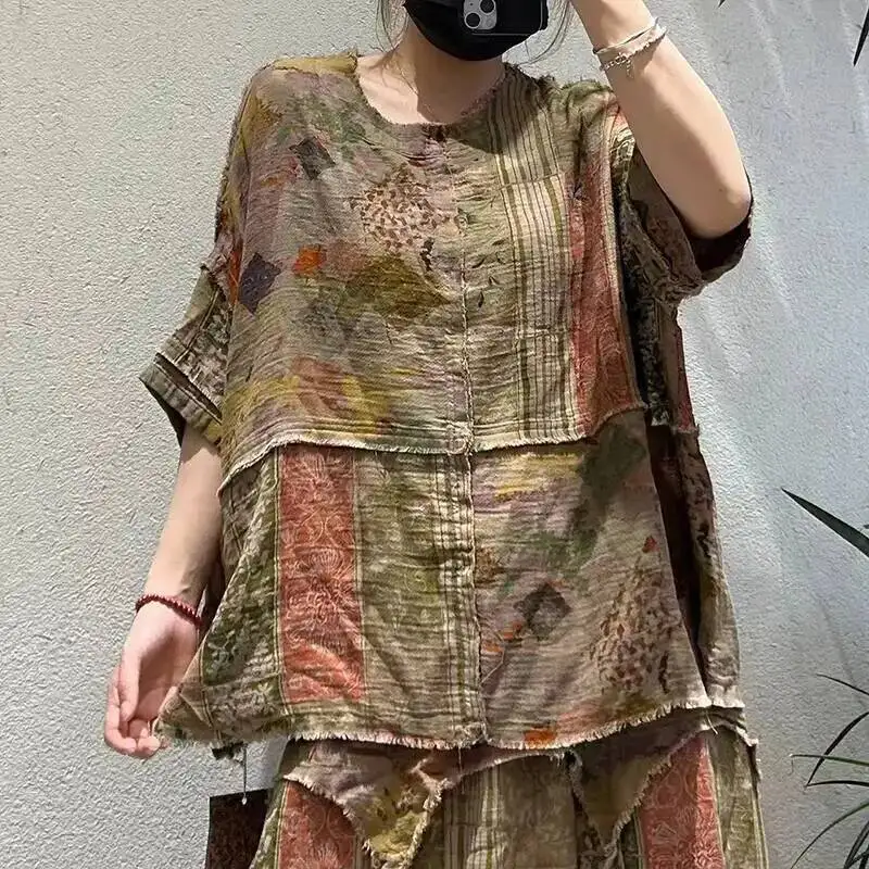 Masss Wasss Summer Vintage Classic T-Shirts Ladies 2026 Fashion Loose Floral Tops Womens Korean Leisure Patchwork Luxury Clothes