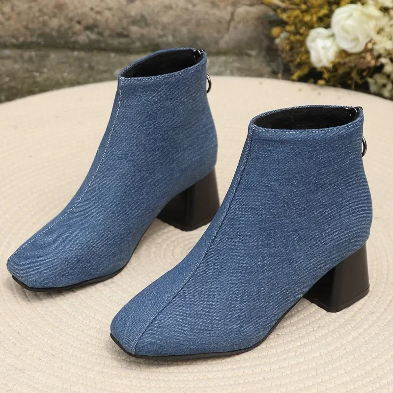 2024 Early Spring Autumn Winter New Short Boots Trendy Cowboy Blue Thick Heels Back Zipper Fashion Versatile Boots