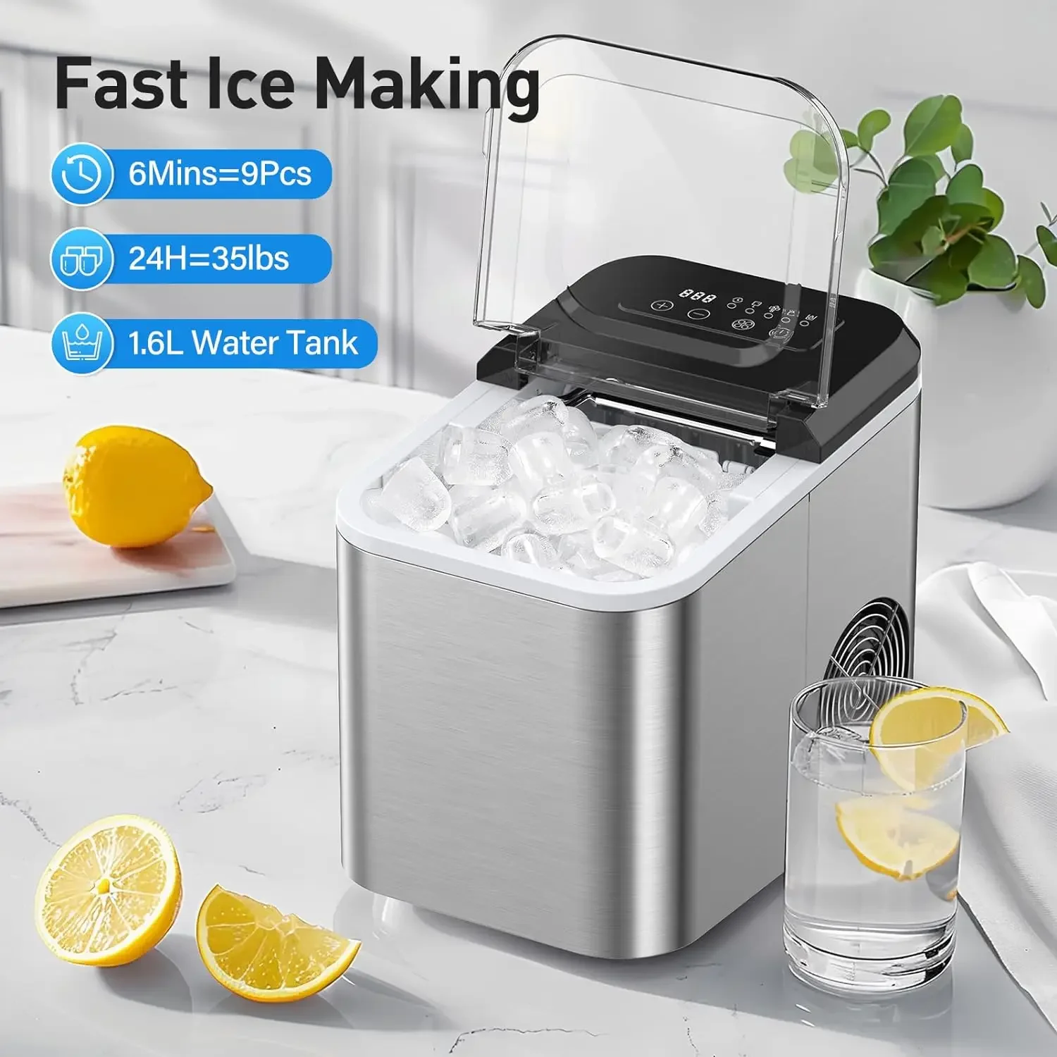 Máquina de hielo de autolimpieza rápida y eficiente para encimera, máquina de cubitos de hielo silenciosa, produce 9 cubos en 6 minutos, 35 libras en 24 Ho