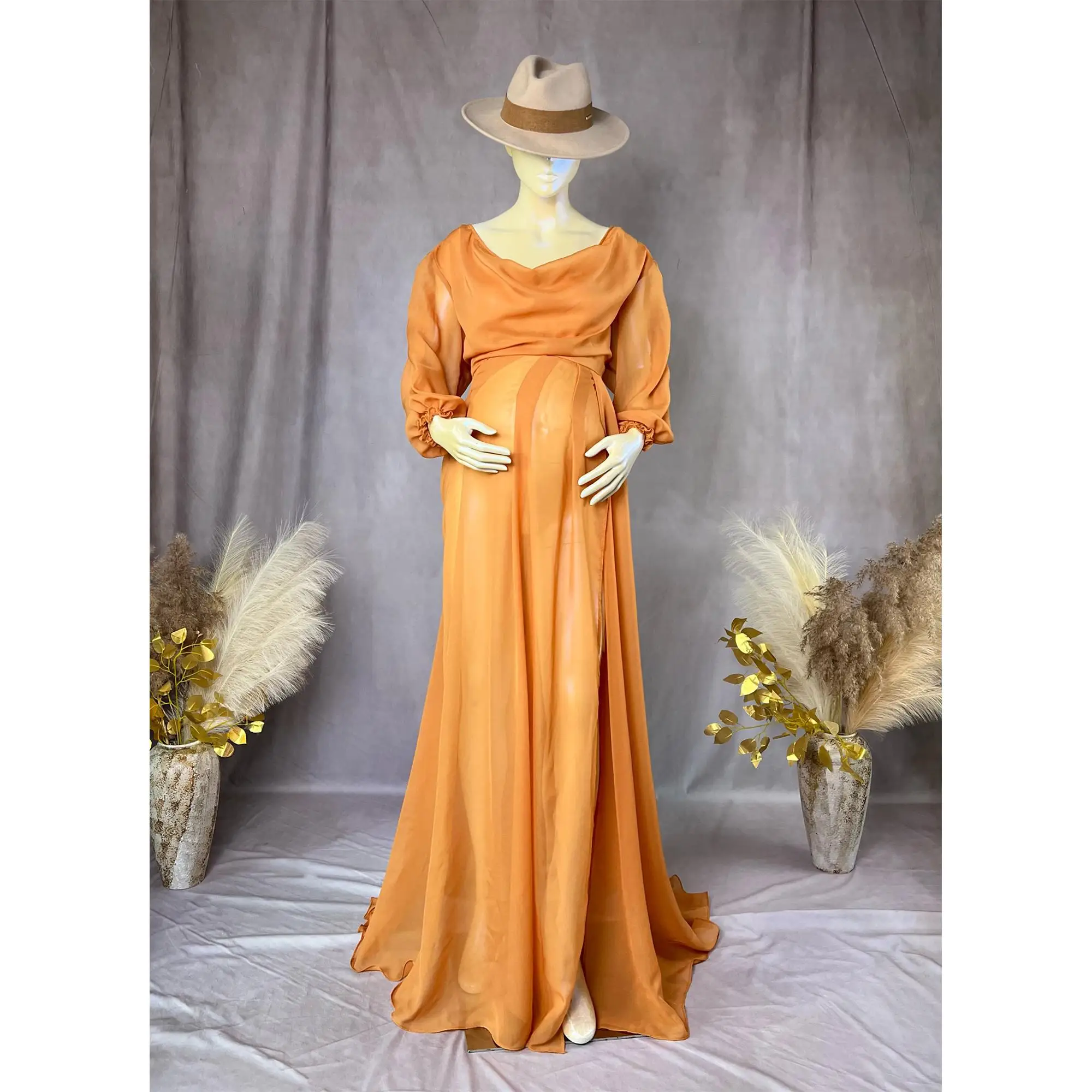 

Don&Judy Evening Party Dress For Woman Chiffon Long Sleeves Gown Side Slit For Photo Shoot Elegant Dress