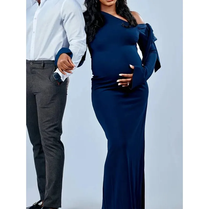 Maternity Dress Photoshoot One Shoulder Off Shoulder Bow High Slit Long Sleeve Pregnancy Gown Pregnancy Photography Dresses