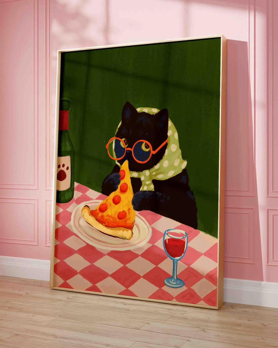 Cozy Diner Cat Wall Art - Charming Print Celebrating Feline Fun. The Pink Checkered Table and Vibrant Green Backdrop Create a Wa