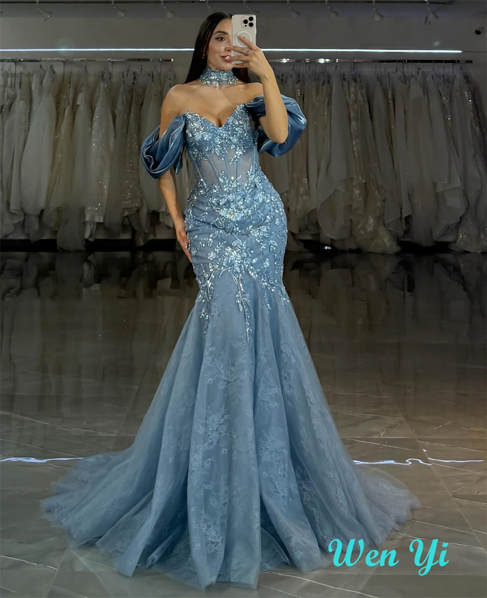 Customized  Mermaid Exquisite Blue Tulle Evening Dress Formal Sweetheart Sleeveless Homecoming Dresses Luxury Vestido D image 5