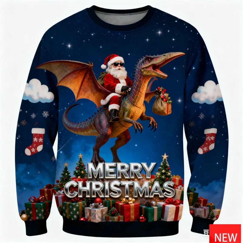 

3D принт с Рождеством, уродливый рождественский свитер, пуловер с рисунком Санта-Клауса и динозавра, забавный джемпер, спортивный костюм