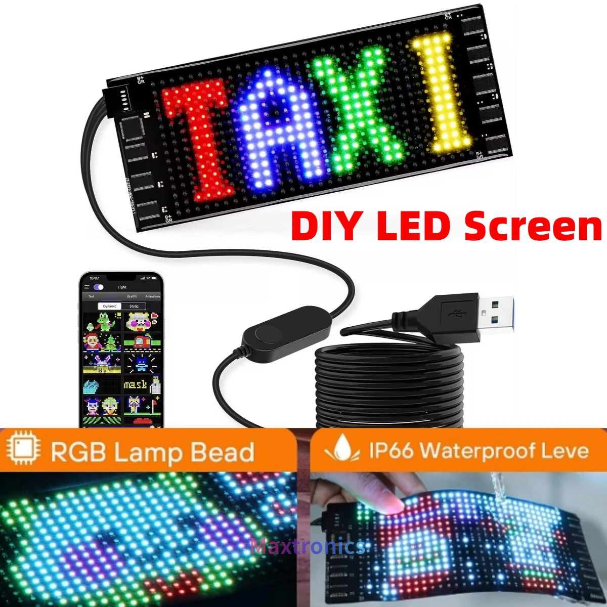 DIY LED Pixel Display Screen Programmable Text Pattern Animation Scrolling LED Display for Car/Shop Backpack LED Sign Decoration