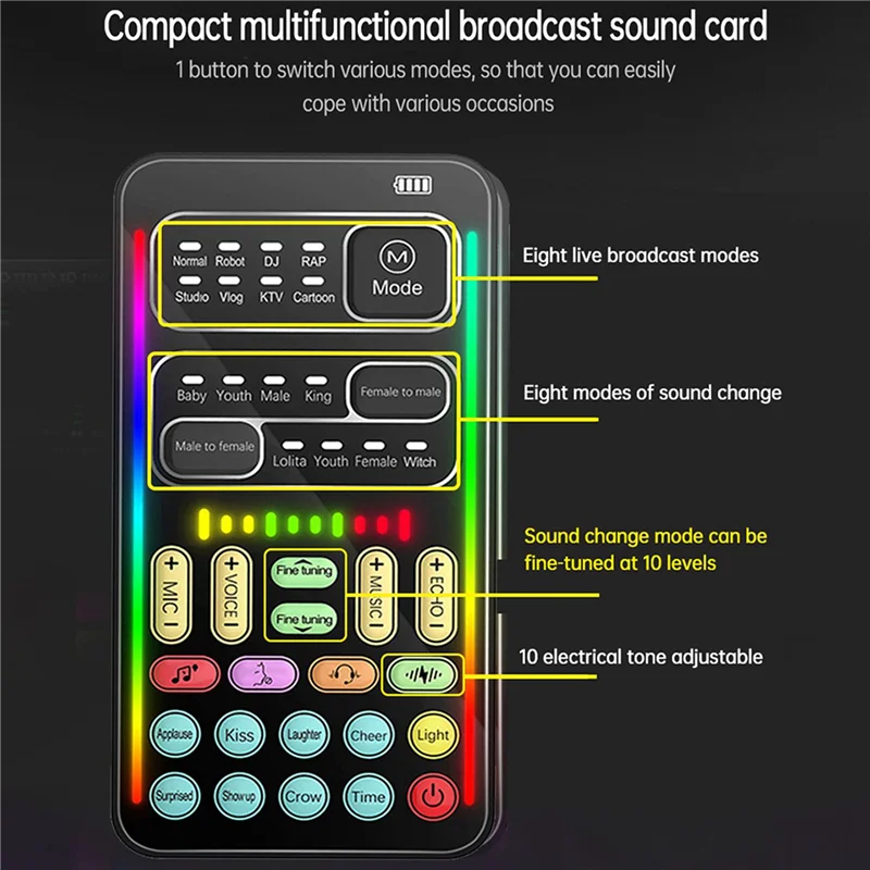 

B29C-5X I9 Voice Changer Full Kit Multiple Audio Effect Bluetooth Live Sound Cards Ultra-Thin Live Sound Card Mic Tool