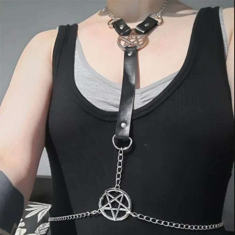 Adjustable Pu Leather Body Chain Pentagram Fashion Harness Gothic Chest Chain Party Dress Rave Festival Accessories Women Girls