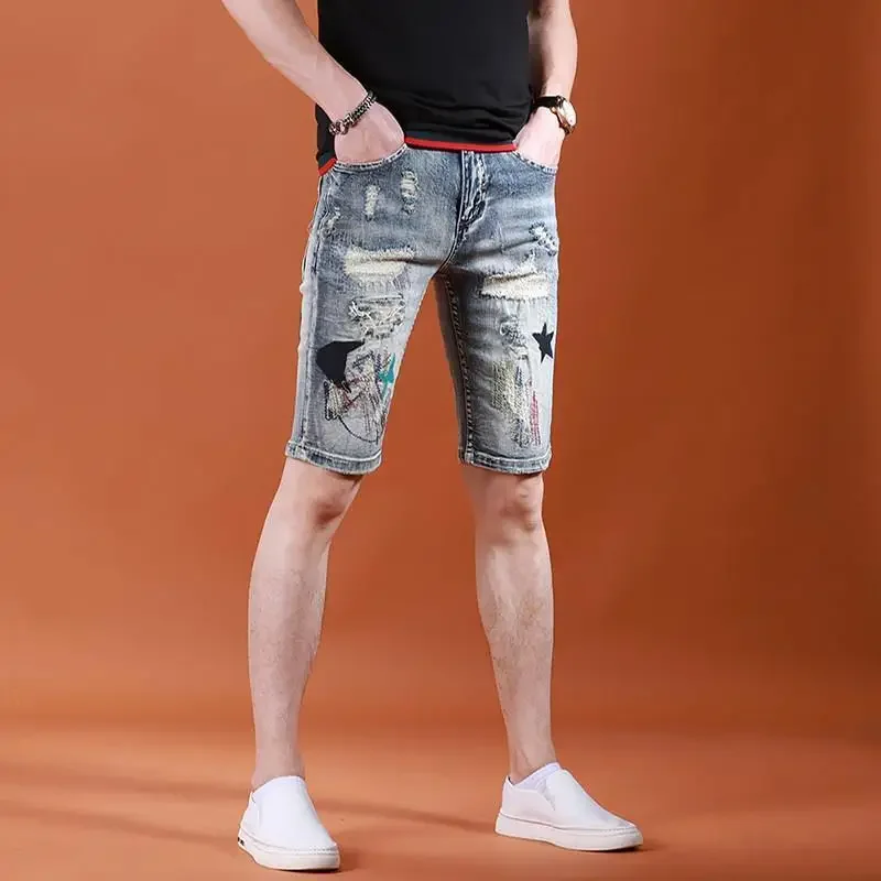 

With Pockets Skinny Bermuda Man Denim Shorts Short Jeans Pants for Men Half Long Slim Popular Luxury Korean Fashion Xxxl Cut Y2k