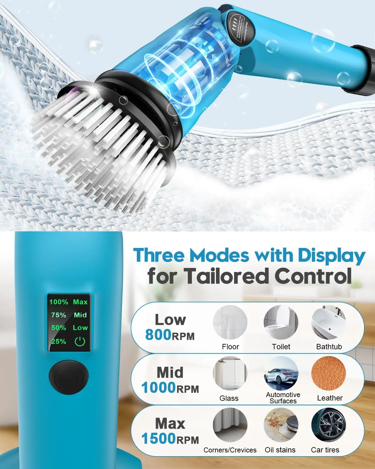 1500 RPM Battery Electric Spin Scrubber with Handle, 8 Replaceable Shower Scrubber & 2 Battery Powered Cleaning Brush with Displ