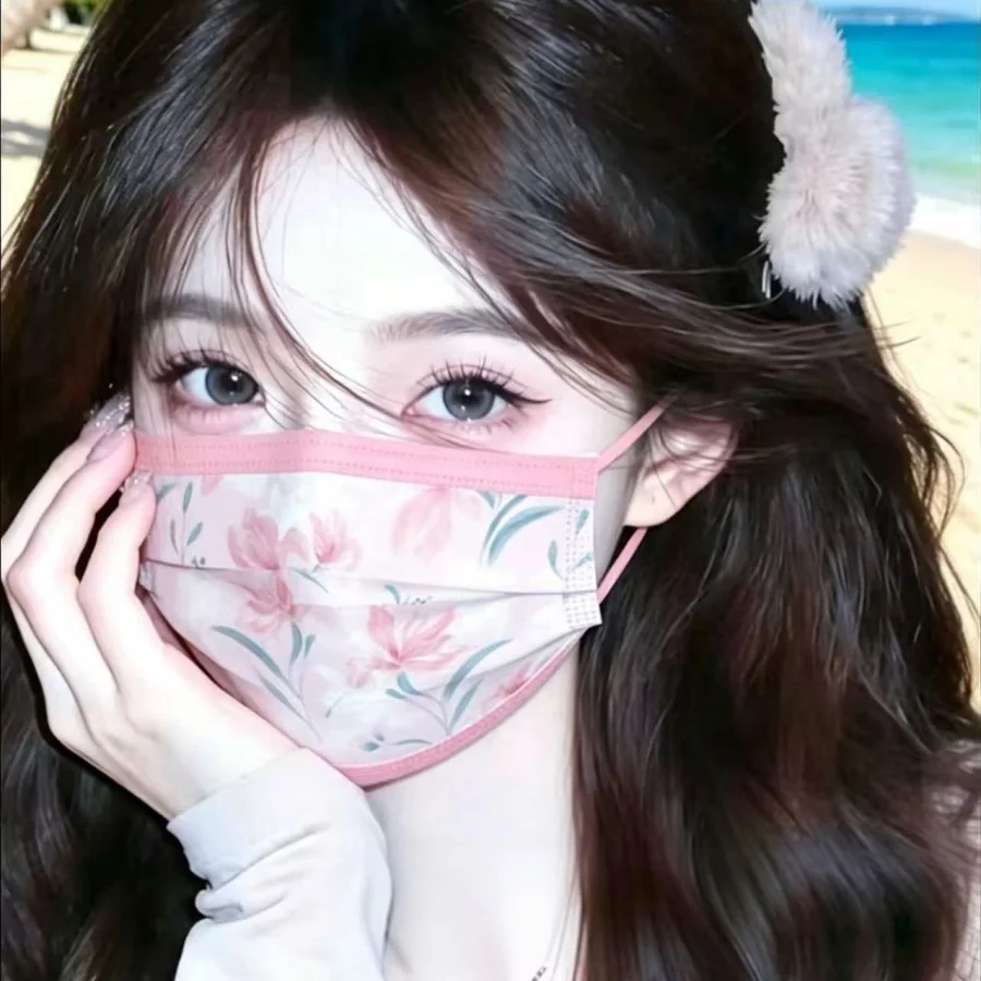Original Elegant Iris Printed Disposable Mask, High‑Grade Fashion Women Mask, 3‑Layer Breathable High‑Beauty Mask