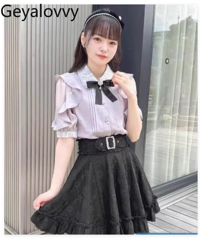 Japanese Rojita Shirt for Women Blouse Mine Mass-Produced Pearl Collar Lace Patchwork Ruffled Long Short Sleeve Blusas de Mujer