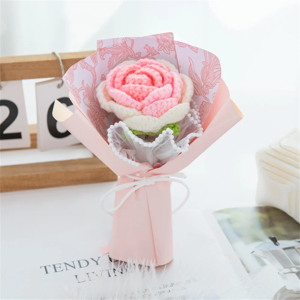 

1Pcs Knitted Flower Rose Sunflower Fake Flowers Bouquet Wedding Decoration Hand Crochet Woven Bouquet Home Table Desktop Decor