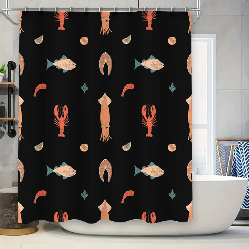 Aquatic Life Animal Print Shower Curtain Fish Lobster Design in Pastel Colors Black Fabric Waterproof Bath Decor for Home Decora