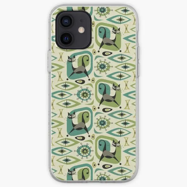 Funda de teléfono abstracta de gato de mediados de siglo, color lima y verde azulado, personalizable para iPhone 6 6S 7 8 Plus X XS XR Max 11 12 13 14 Pro Max Mini