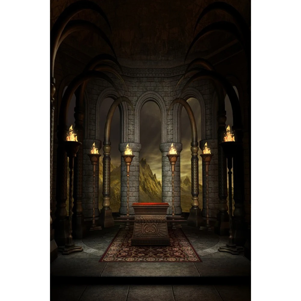 Laeacco Gothic Castle Photography Backdrop Ancient Stone Wall Columns Arches Iron Gates Corridor Kids Adults Portrait Background
