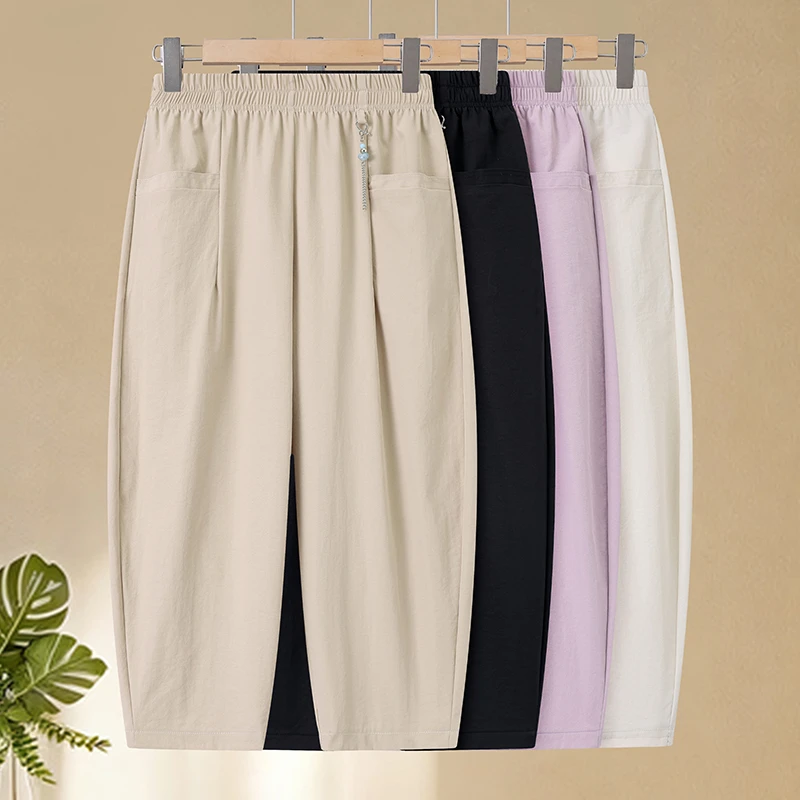 

Spring Summer Casual Cotton Linen Pants Loose Thin Mom Harlan Trousers High Waist Nine Points Trendy Women Middle Age
