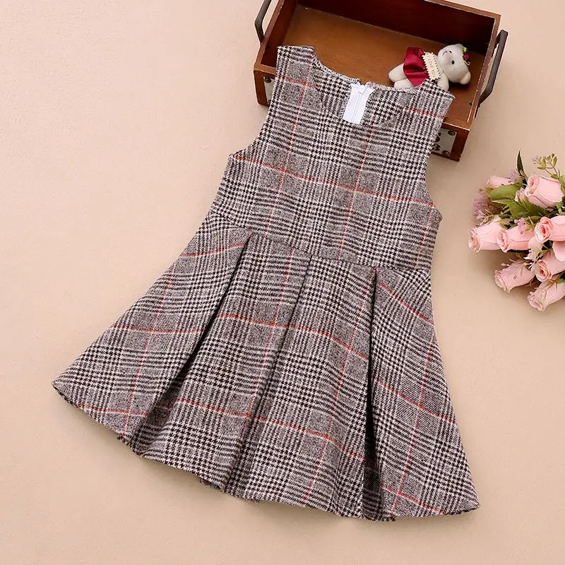 Kids Girls Woolen Sleeveless Dress 2024 New Arrival Children Autumn Winter Dresses Coffee Pink Plaid Casual Dress