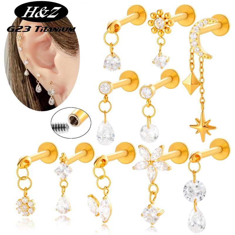 

1PC G23 Titanium Labret Piercing Jewelry Ear Stud Internal Thread Lip Stud Zircon Water Drop Flower Pendant Tragus Cartilage 16G