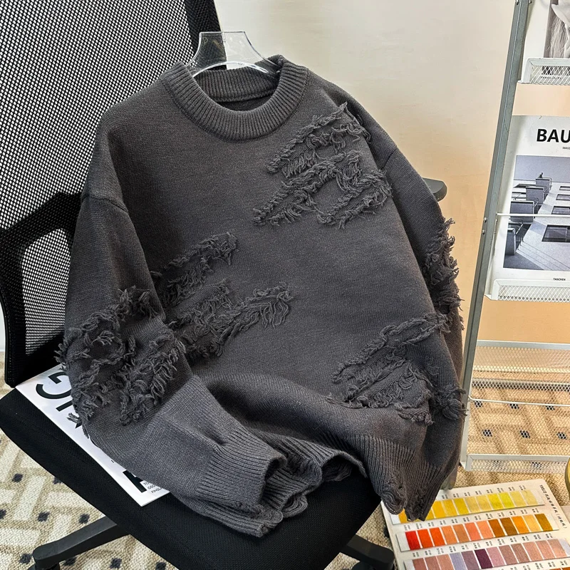 Ripped Tassel Jacquard Sweater For Men Fashion Simple Round Neck Solid Color Knitted Pullover Top Korean Casual Warm Knit Tees