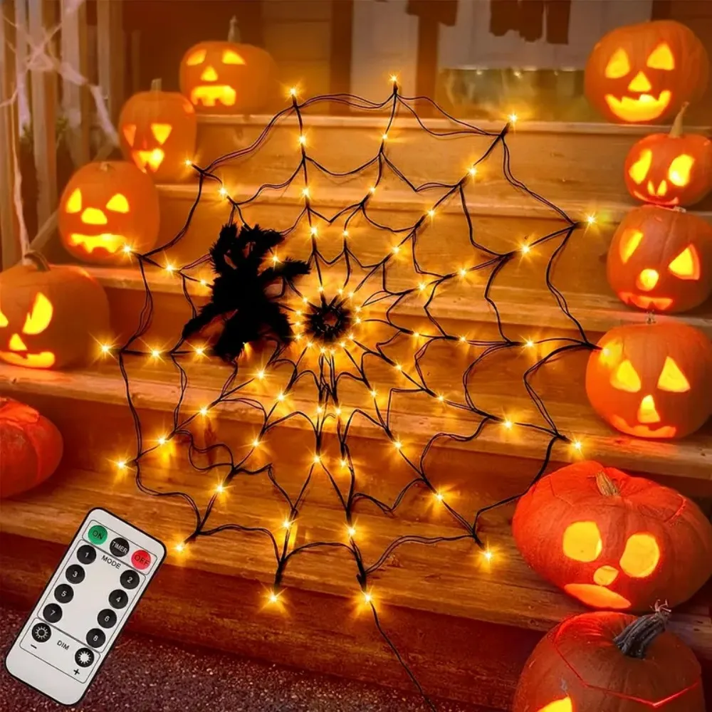 1PC 70LED USB Powered Halloween Spider Web LED String Lights, Net Lamp Horror Atmosphere Light for Home Window Wall Party Decor