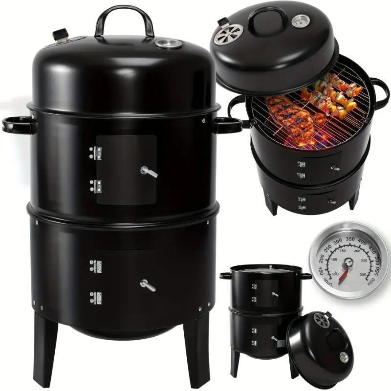 3-in-1 BBQ Smoker Grill with Chimney Multi-function Outdoor Cooking Oven with Thermometer Camping Outdoor Party Grill