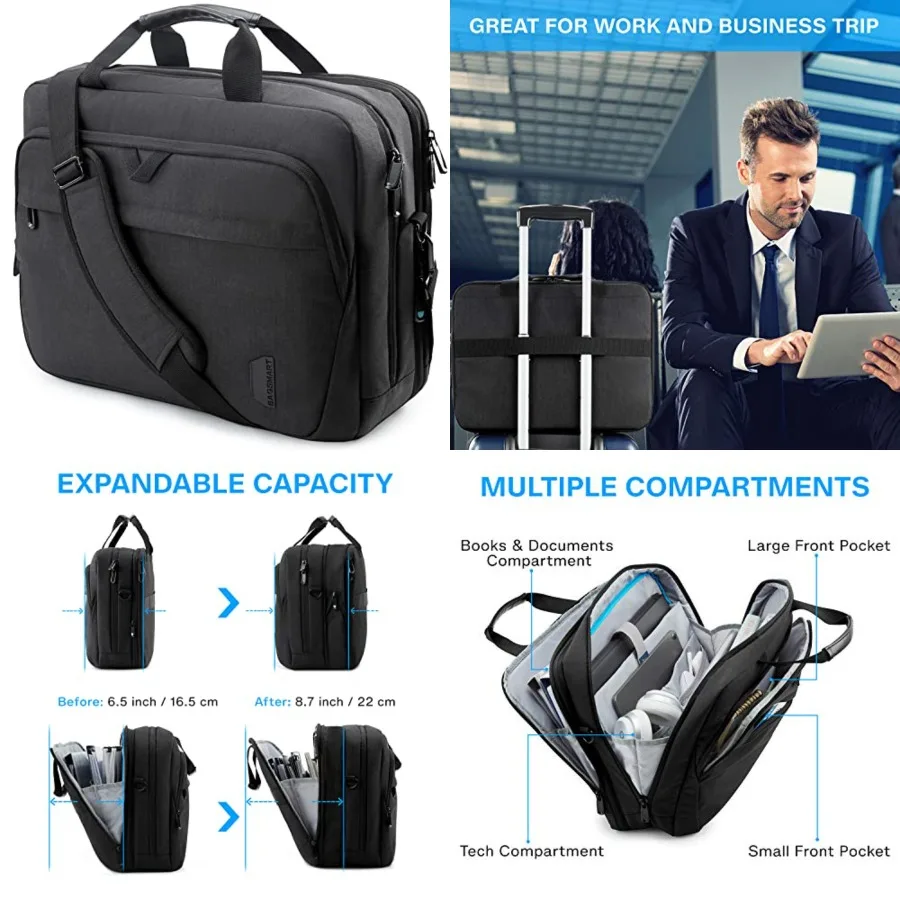 

18 ch Laptop Bag, Expandable Briefcase, Computer Bag Men Women, Laptop Shoulder Bag, Work Bag Busess Travel Office - Black