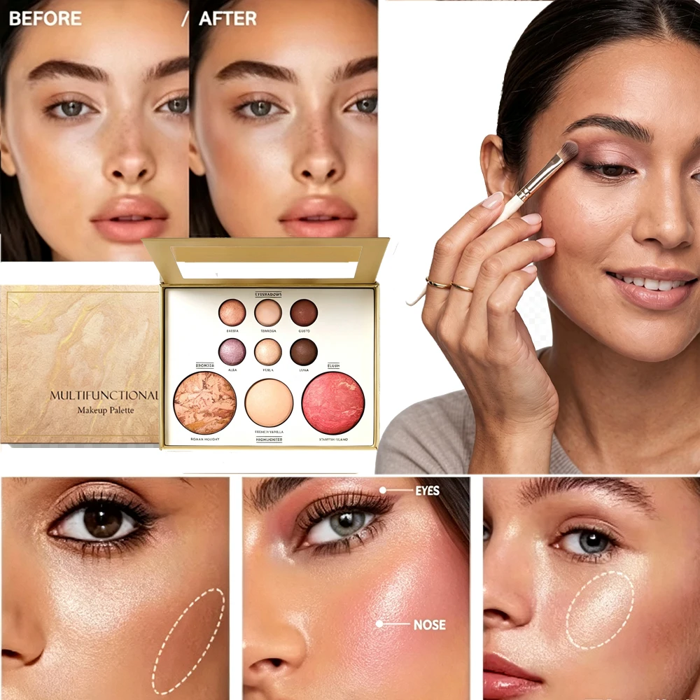All In One Eyeshadow Palette Blush Highlighter Contour 3 in 1 Daily Makeup Kit Natural Finish Portable