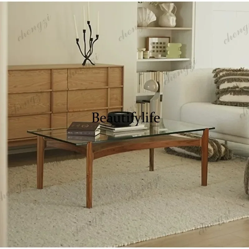 02A Glass coffee table solid wood medieval coffee table teak edge table living room minimalist square