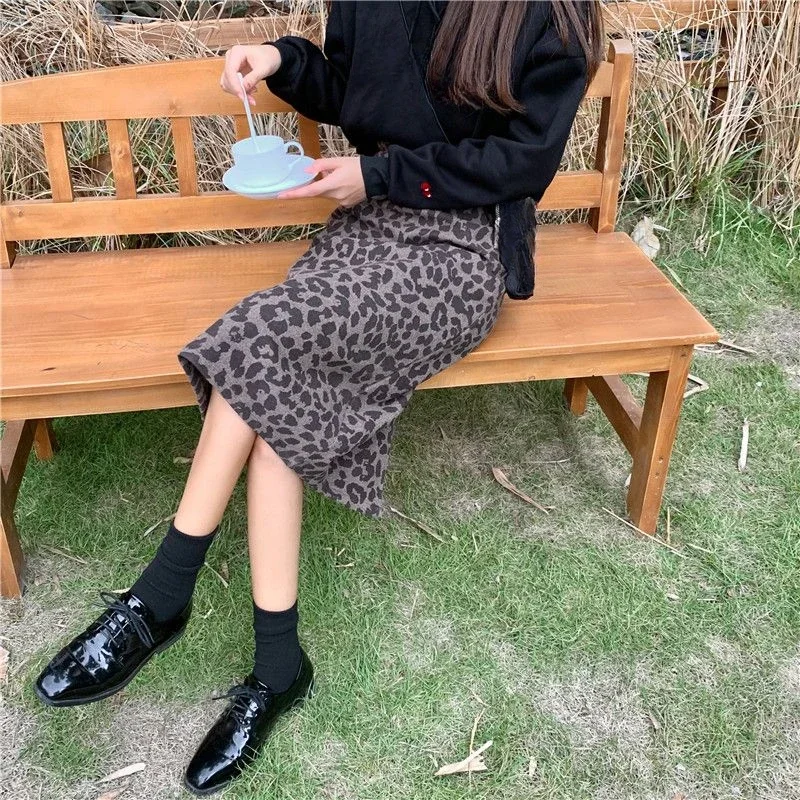 Leopard Woolen Skirts Women Autumn Winter Korean Fashion Elegant Faldas Mujer A-line Back Slit Simple Long Skirt