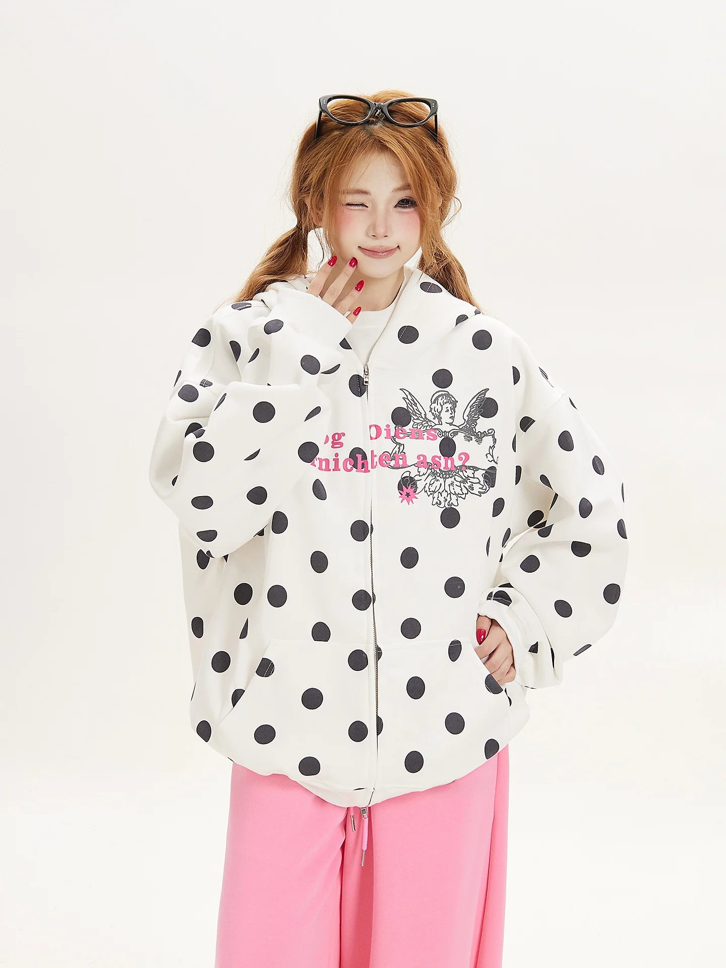 Ant Light Sub-Arctic Wave Dot Rabbit Ear Hoodie Cardigan Women's Autumn Outerwear Design Trendy College Style Loose Fit Print