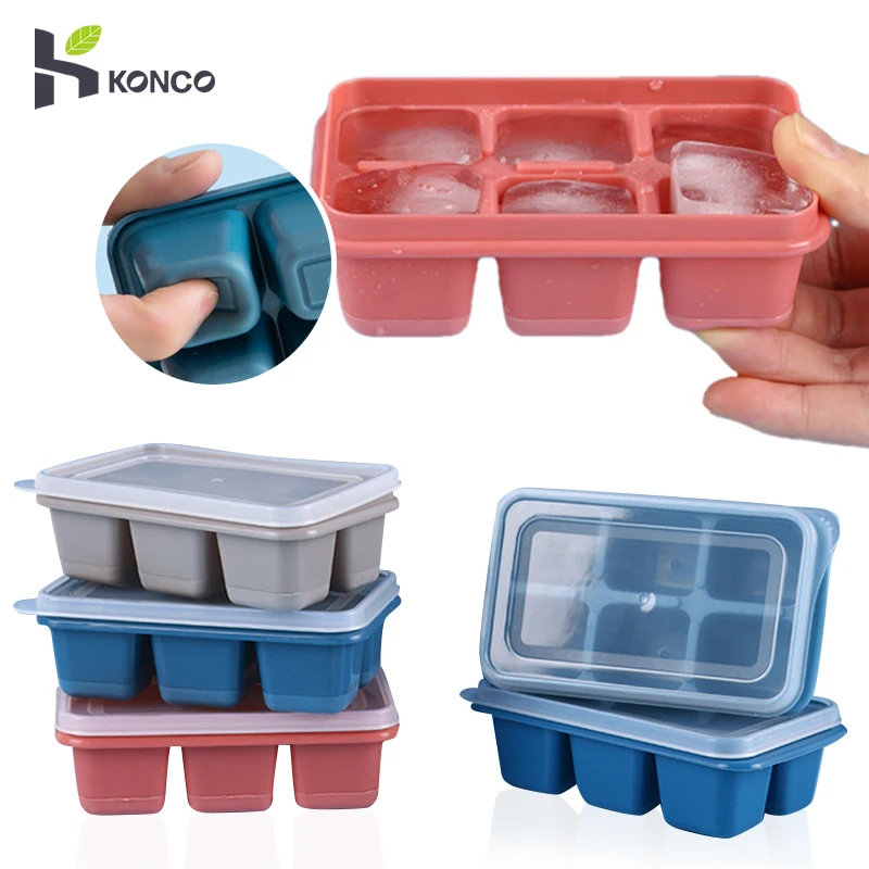 Konco 3 pieces Silicone Ice Cube Mold with Lid Ice Tray 6 grids Ice Maker Ice Cube Tray Household Refrigerator Ice Box